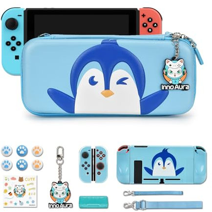 Switch Tasche, innoAura NS Switch Zubehör Set mit Switch Tragetasche Niedlicher, Switch Schutzdeckel Shell, Switch Bildschirmschutz, Spielhülle (Blau-Weißer Pinguin)