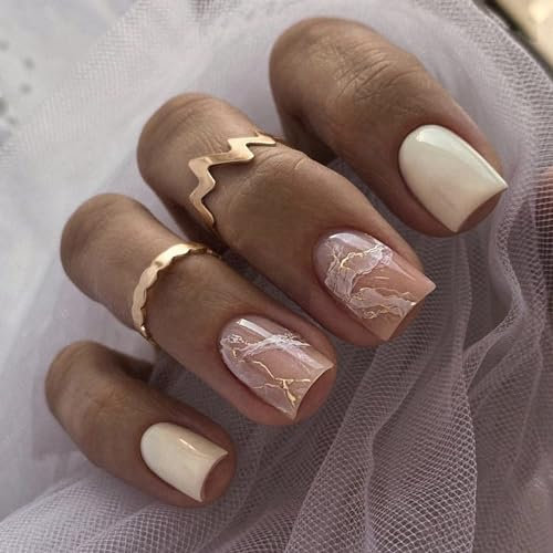 24 Pièces Faux Ongles Court Carrés French Blanche Ongles à Coller Naturel Acrylique Couverture Complète Or Brilliant Press on Nails Ballerine Faux Ongles Autocollants Reutilisable pour Femmes