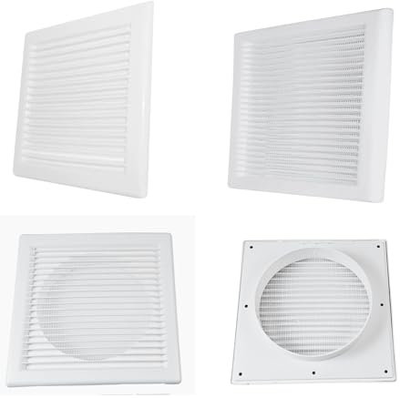 Square White Ventilation Grille with Flyscreen - Round Ø 125mm – 5 inch Rear Spigot - Vent Cover for Bathroom, Kitchen, Wall, Ducting, Louvre Panel - Airflow Louvered Grill. Set by MYPURECORE