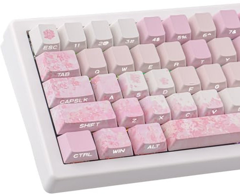 PBT Keycaps 131 Keys Custom Pink Cherry Blossom Keycaps Set Letter Side Engraved Transparent Keycap ISO/ANSI Layout for Cherry MX Switches Mechanical Keyboards