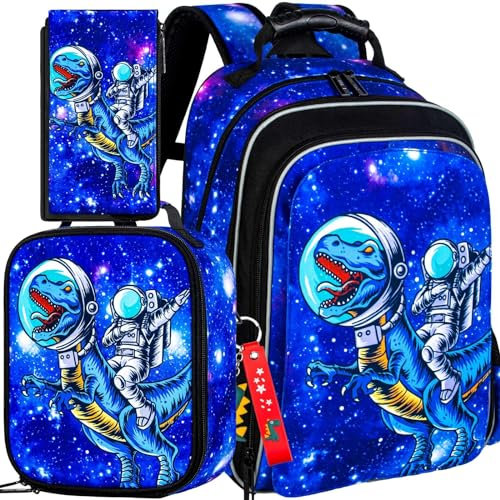 UFNDC Mochila de dinosaurio de 3 piezas para niños, bolsa de libros preescolar con fiambrera, bolsa escolar resistente al agua de 16 pulgadas para niños pequeños de primaria, Dinosaurio astronauta