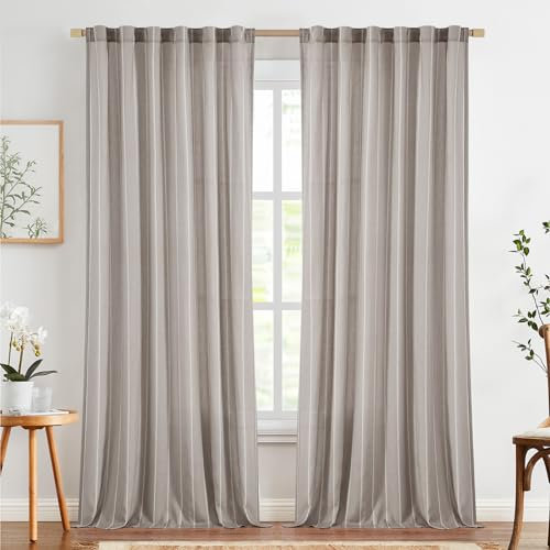 TOPICK 2er Set H 245 x B 140 (cm) Gardinen in Grau für Wohnzimmer Schlafzimmer Küche Leinen Gestreifte Vorhänge Streifen Gardinen mit Tunnelzug Landhausstil Moderne Halbtransparent Vorhänge