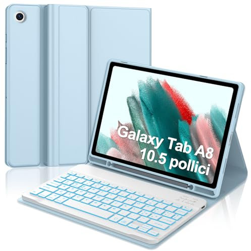 WINCHKING Teclado para Samsung Galaxy Tab A8 2021 (SM-X200/X205/X207), 7 funciones de retroiluminación, diseño italiano, funda para 10,5 pulgadas, teclado Bluetooth magnético extraíble, azul