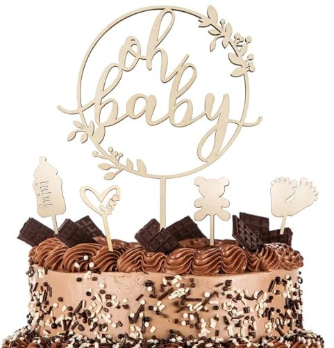 Goldenland Oh Baby Cake Topper Holz 5 Stück, Oh Baby Tortendeko, Kuchen Topper Kuchendeko Tortendeko für Babyparty, Shower Deko, Gender Reveal Partydeko Kindertaufe schmücken Tortenaufsatz