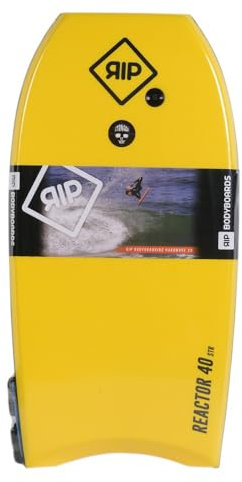 RIP Bodyboard – RIP Reactor EPS 40 + Flat Leash – 6 combinazioni di colori, CXLPE 4 mm Deck, Crescent Tail, Stringer in fibra, 50/50 Simple Rail – Fornito con plugIdeale per principianti (giallo