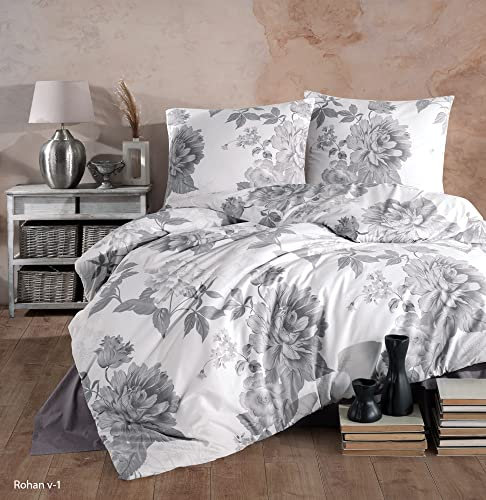 ZIRVEHOME Bettwäsche 155x220 cm. 2 teilig Set weiß 100% Baumwolle Bettbezug grau geblümt Kissenbezug 80x80 cm. Rohan V1