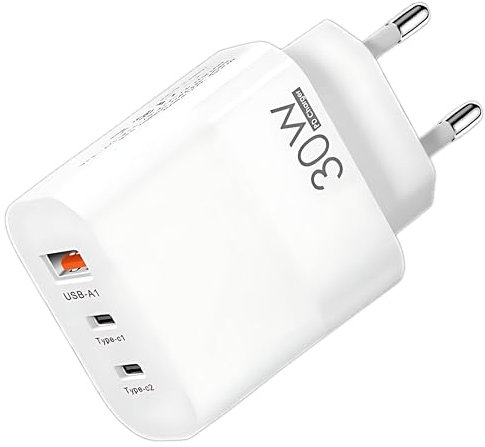 Cargador USB C Carga Rápida - Cargador USB Múltiple 3 Puertos - Enchufe Multiple USB C 30 W – Adaptador USB C - Compatible con Samsung, iPad, iPhone, Huawei, Google, Carga Rapida.