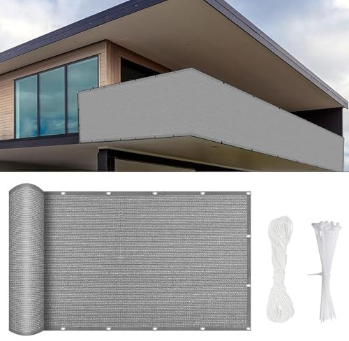 Brise Vue Balcon Cache Vue 350 x 50 cm Vent Protection UV Résistant, Cache Balcon Brise Vue, avec Attaches Câble et Cordons, pour Piscine, Patio, Gris