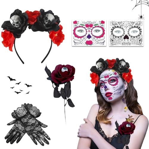 XLZJYIJ Tag der Toten Haarreif Halloween, Dia de Los Muertos Stirnband mit Halloween Gesicht Tattoos Blumen Rose Spitzenhandschuhe, Mexikanische Stirnband Rosen, Kopfschmuck halloween Damen