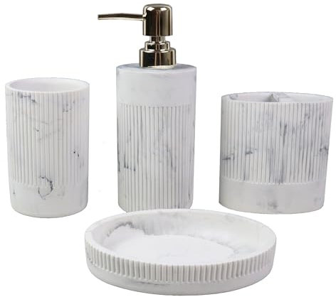 Hymmah Ensemble d'accessoires de salle de bain en marbre - Décoration de salle de bain rustique - 4 pièces - Coffret cadeau en résine pour accessoires d'appartement - Contient un pot de coton-tige, un