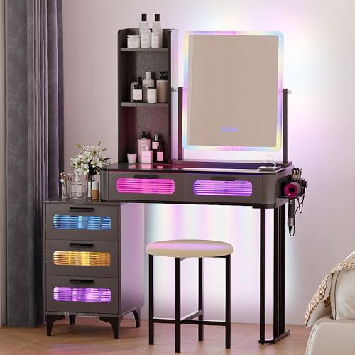 yoofun LED Dressing Table With Mirror And Stool, Auto Sensor Vanity Desk with Charging Station, Modern Glass Top Makeup Table Set with 5 Drawers for Bedroom (Gray)
