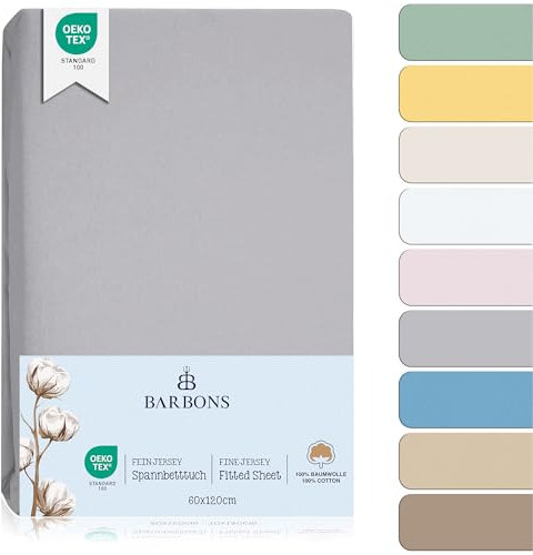 BARBONS Spannbettlaken für Baby/Kinderbett - 100% Jersey-Baumwolle Oeko-TEX Standard 100 Zertifiziert 60x120cm Bettlaken für Babybett (Hellgrau)