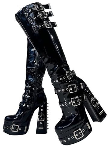 Frankie Hsu Goth Sexy Chunky Platform Stivali con tacco alto, Rivetti in argento vernice nera multi fibbia gotica, Punk Y2K Hot Girl Big Large Size Largo polpaccio scarpe per donne uomini, nero, 40 EU