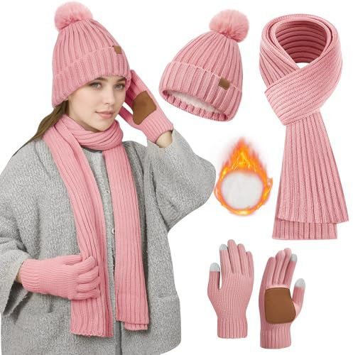 Rosa Mütze,Schal & Handschuh-Sets für Damen,Schal und Mütze Damen Set Winter Mütze Schal Handschuhe Set Damen Mütze mit Schal Damen, Bommel Mütze Schal Touchscreen Handschuhe Winterset Damen Geschenke