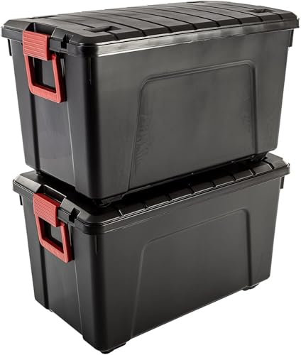 Solent Plastics Pack of 2 x Large Rectangular Plastic Wheeled Storage Box with Lid - 110 Litre, Camping, Loft, Festival, Gym Equipment Storage Box for Home