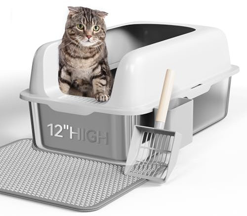 YITAHOME Stainless Steel Cat Litter Box with Double-Layer Cat Litter Mat, XXL Extra Large Metal Litter Tray with Scoop and Non-Slip Bottom, Anti-Leakage, Easy to Clean, 60x40x30 CM for Cats