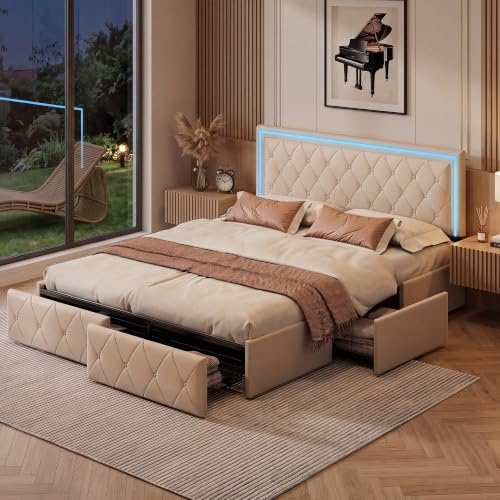 YGHQAP Cama Acolchada de Matrimonio con 4 cajones y LED, Estructura de Cama de Matrimonio, Plataforma de Poliuretano con somier de láminas de Madera, sin colchón (Beige, 140x200cm)