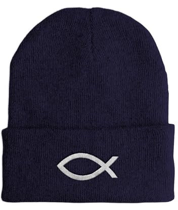 Mütze - christliches Symbol Fisch - Beanie One Size - Wintermütze Soft Touch - Spruchmütze bestickt - Farbauswahl - lustige Mütze, Farbe: Navy