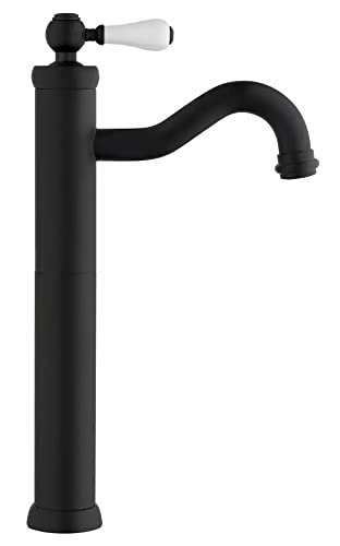 Yellowshop - Miscelatore bagno completo rubinetteria Como retrò vintage leva pomo bianco lavabo bidet vasca e doccia incasso esterno in ottone nero flessibile inox Made in italy (Lavabo Alto)