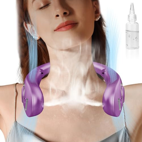 Mini Ventilateur Portable avec Brumisateur,Personnel Casque Pliable Collier Ventilateurs Nuque avec Affichage LED,Ventilateurs de Tete Refroidisseur Eau sans Pale 5 Vitesses,Cadeau pour Bureau Cuisine