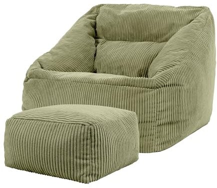 Icon Natalia Sitzsack Sessel mit Hocker für Erwachsene, Salbeigrün, Flauschiger Cord Stoff, Riesen Sitzsack Samt mit Füllung, Bean Bag Chair, Bequemer Sessel Wohnzimmer, Lounge, Schlafzimmer, Büro