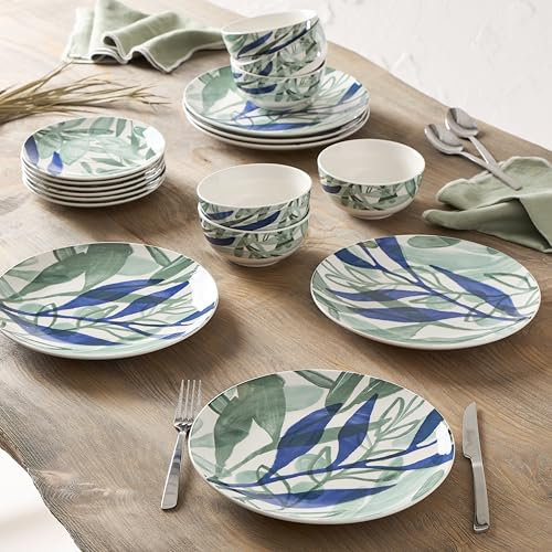 Geneviève Lethu 545868 - Servizio da tavola in porcellana, 18 pezzi, per 6 persone, piatti piani, piatti da dessert, ciotole, decorazione floreale blu, bianco, verde collezione Kalamata