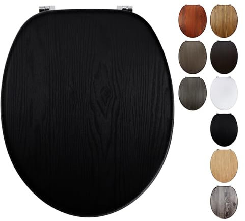 Fanmitrk Black Toilet Seat Wooden, MDF Moulded Wood Toilet Seat with Adjustable Zinc Alloy Hinges with Bottom Fixings, Easy to Clean and Install (JHE1889-02)