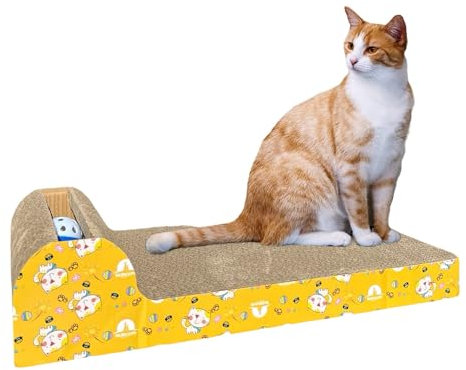 Cat Scratching Board with Ball Toy for Indoor Cats & Kittens – Large Cardboard Scratchers Pad with Bed & Mat Surface – Furniture, Sofa & Carpets Protector Scratcher Pads for Adult Cats – 44 x 24 x 9cm