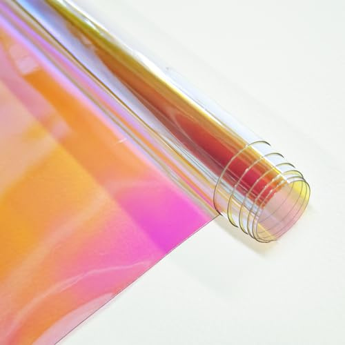 KELUBATU Transparentes schillerndes PVC, 30 x 135 cm, klare holografische Vinylrolle, 0,3 mm, wasserdichte Laserfolie für Mode-Kostüme, Dekor und DIY-Handwerk, Rot Schillernd
