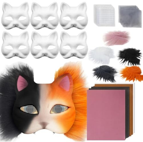 TETSMG Therian Mask Kit, Therian Masken Basteln Set mit Blanko Katzenmaske, Kuns Fell und Mesh, DIY Furry Tiermasken für Halloween, Karneval und Make up Cosplay Party (B)