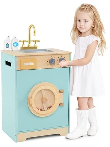 COSTWAY Lavadora de Juguete para Niños, Lavadora Infantil con Detergente y Desinfectante de Manos, Juego de Cocina de Madera con Fregadero, Cajón y Rueda Giratoria, para Niños de 3+ Años