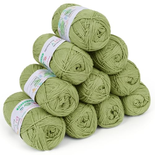 Coopay Wolle zum Häkeln, 100% Baumwolle zum Stricken, 10 x 50g Weiches Häkelgarn Baumwolle zum Häkeln, Babywolle Baumwollgarn für Pullover, Socken, Babydecke - Bohnengrün