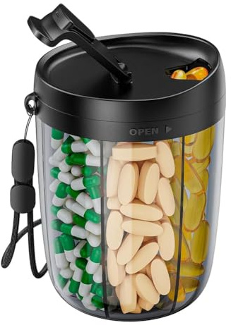 Ayfunkey Travel Pill Case Box 6 Grids Large Pill Cup Bottle Organizer for Holding 7 Various Vitamins Supplement Organizer