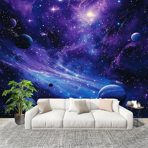 Kinderzimmer Fototapete Panorama, Fantasie Sternenhimmel Weltraum Wandbild Wandposter, Lila Wandtapete Wohnzimmer Wanddeko Vlies Tapeten Poster TV Hintergrund Wandbilder 200x140 cm