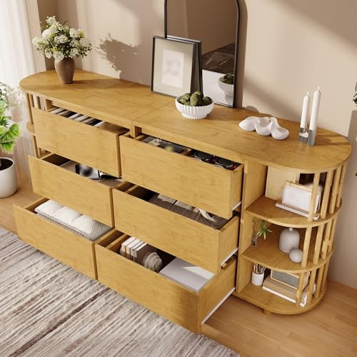 PLLBIKK Kommode, Sideboard 160 cm mit Säulen und Bambus-Regalen, Anrichte mit 6 Schubladen und offenen Regalen, höhenverstellbare Füße, Beistellschrank für Wohnzimmer und Flur, Eiche, 160x40x75 cm