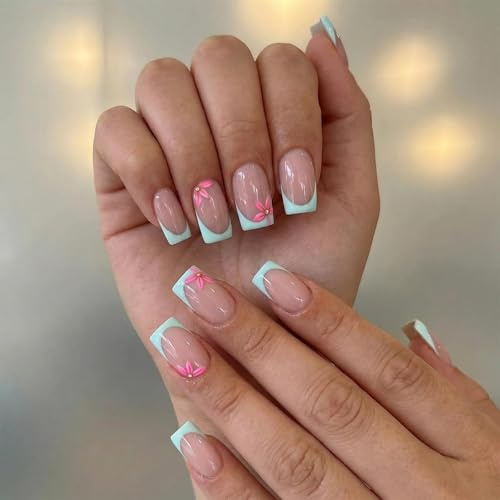 Square Nail Tips with Mint Green French Design and Pink Floral Accents - Glossy Light Pink Base for Elegant Manicure, Suitable for Women, Office, Casual and Special Occasions