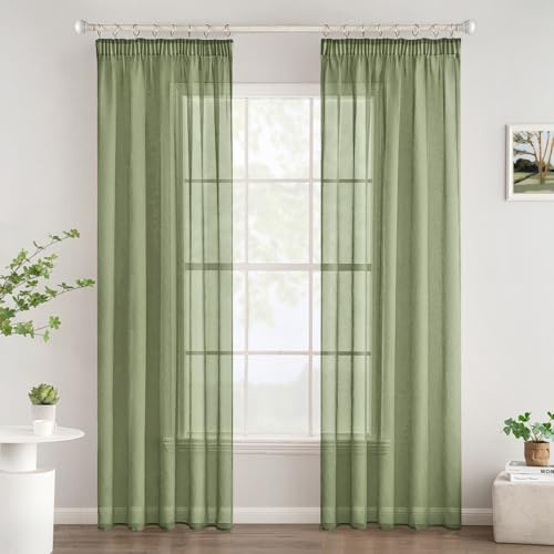 Woaboy Gardinen mit Kräuselband Voile 2er Set 140x245 cm Salbeigrün | Vorhänge Wohnzimmer Transparent Sheer Curtains Stores Gardine Schlafzimmer Modern Schlaufengardinen