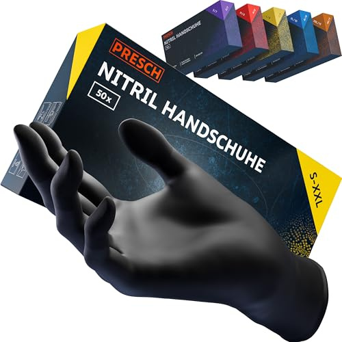 PRESCH Guanti nitrile Nero 50 pz. (XL - 10) - Guanti monouso con punta delle dita testurizzata - Senza lattice e polvere - Antistrappo con bordo arrotolato rinforzato