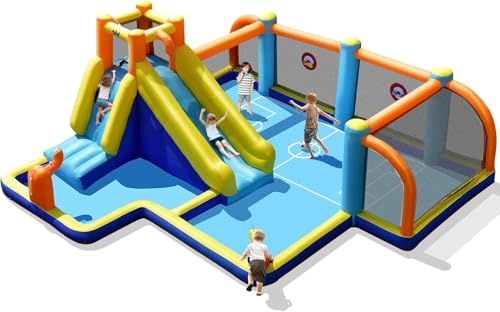 FANTASK Hüpfburg mit Gebläse, aufblasbare Wasserrutsche mit Planschbecken, Fußballbereich, Kletterwand, 2 Wasserkanonen & Zielspiel, Spielpool für Kinder, 500 x 465 x 200 cm