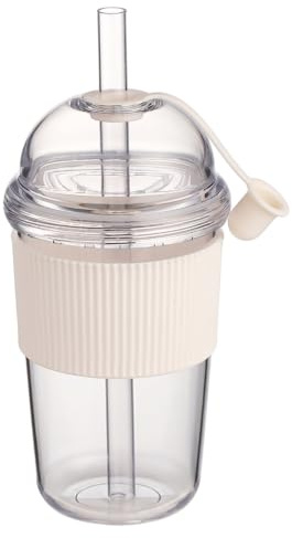 Bemonew Taza de café helado reutilizable, vasos de plástico de 499 g con tapas y pajita, funda de silicona para bebidas frías, café helado, té de burbujas, color blanco