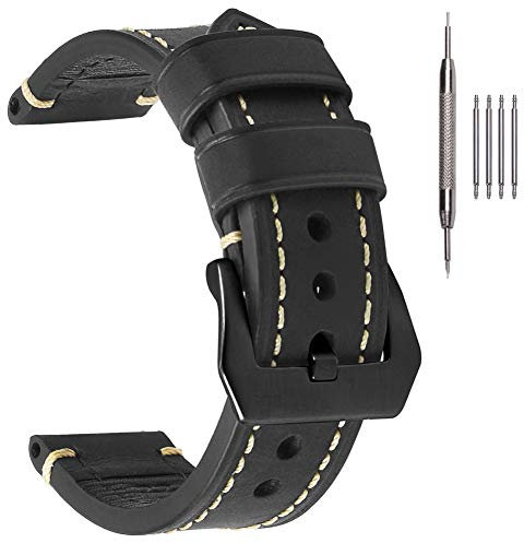 EACHE Schwarz Herren Uhrenarmband Vintage 20mm Classic Armband Leder Crazy Horse Uhrenarmband Schwarz Gebürstete Stahl Schnalle