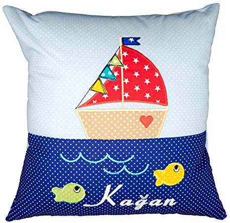 Kissen mit Namen gestickt - Segelboot - 40cm x 40cm