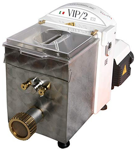 VIP/2 Macchina per la Pasta Fresca professionale elettrica, in acciaio inox, con 4 trafile in bronzo incluse, capacità vasca 2,8kg e produzione max oraria pasta di 8kg (Bianco)