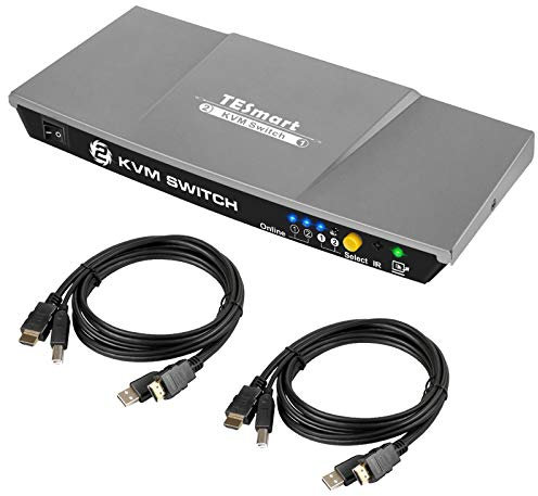 TESmart Conmutador KVM HDMI de 2 puertos 4K Ultra HD 3840 x 2160 @ 30 Hz | Conmutador KVM 2x1 2 PC 1 monitor con 2 cables KVM de 1,5 m, soporta dispositivos USB 2.0, controles de hasta 2 computadoras