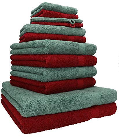 Betz 12-TLG. Handtuch Set Premium 100% Baumwolle 2 Duschtücher 4 Handtücher 2 Gästetücher 2 Seiftücher 2 Waschhandschuhe Farbe rubinrot/tannengrün