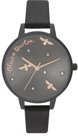 Olivia Burton Analog Quarzuhr für Damen mit Schwarzes Lederarmband - OB16PQ02