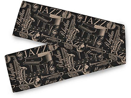 Tischläufer mit Musikmuster von Jazz-Thema mit verschiedenen Instrumenten, Noten und Wörtern, Tischläufer aus Polyester-Baumwolle für Party, Event, Festival, Dekoration