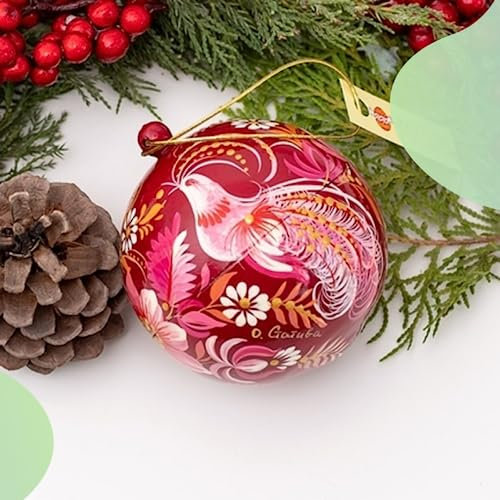 Bemalte Сhristbaumkugel mit Vogel und Blumenmuster aus Holz Handgemacht 8 cm, Lässt sich wie eine Schatulle öffnen Das Ukrainische Kunsthandwerk für Christbaum Handgefertigt