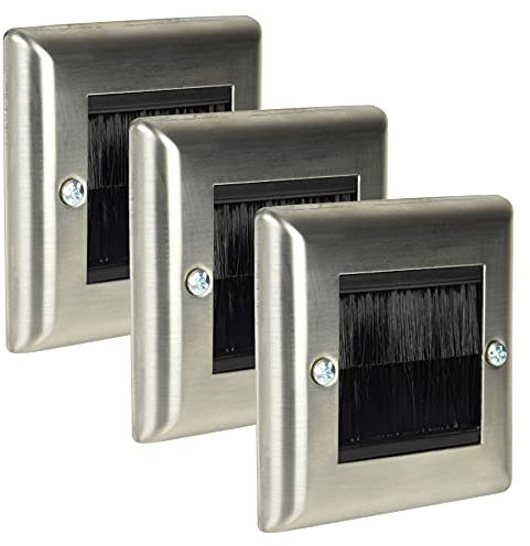 Ex-Pro 3 Pack Brush Wall Plate, Single Gang Steel Flush Wall Mounted Faceplate for Outlets, Sockets and Tidy Wire and Cable - Silver