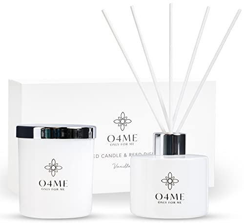 O4ME Premium Vanille Duftset - Langanhaltender Raumduft mit Schilf Duftstäbchen, 100ml, 8 Wochen Dufterlebnis - Inklusive Hochwertiger Duftkerze - Ideal für Entspannung & Wohlbefinden, Geschenkset
